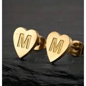Letter M initial gold heart mini stud earrings